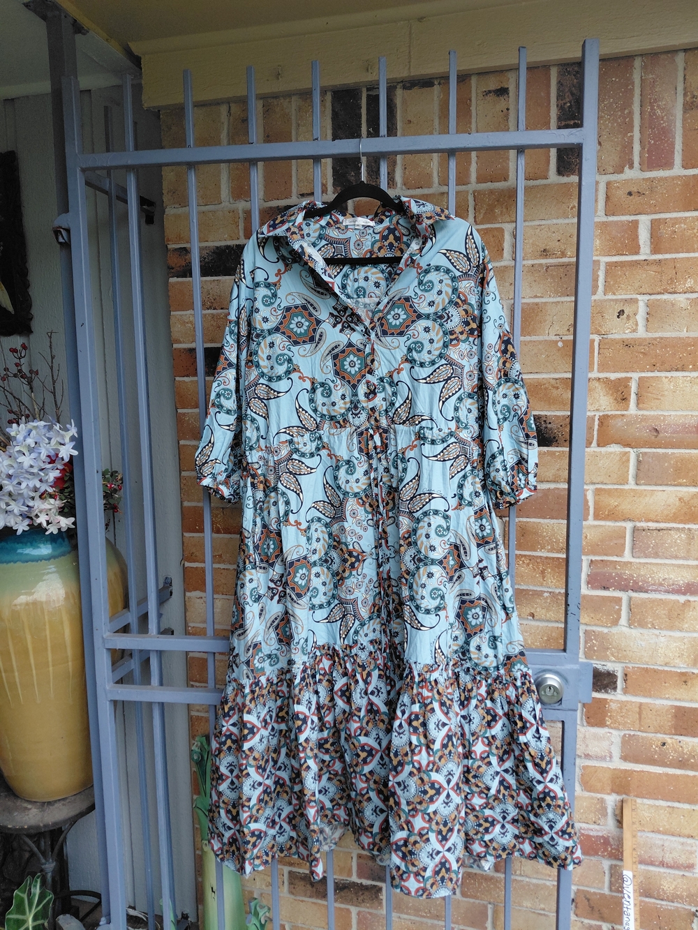 Light Blue Paisley Print Button-Front Midi Dress